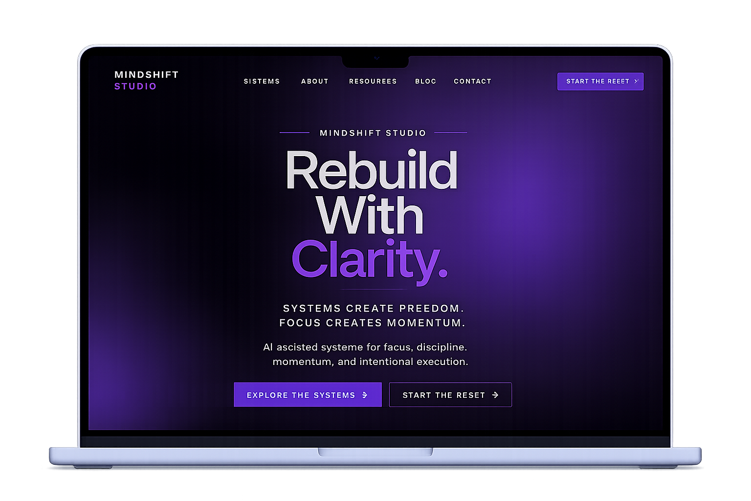 MindShift Studio desktop homepage shown in a premium laptop presentation