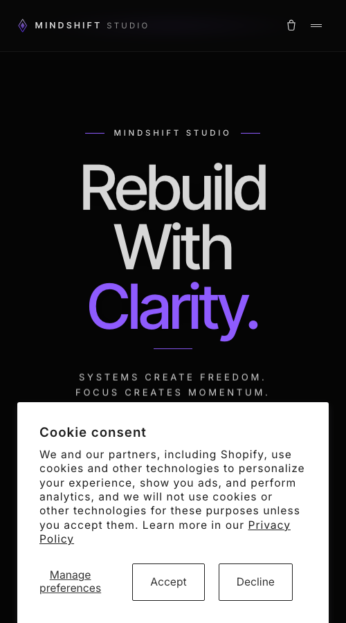 MindShift Studio mobile homepage